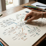 Hand erasing “VIE” from a French mind map labeled Travail, Relations, Loisirs, Spiritualité, Santé, and Développement personnel