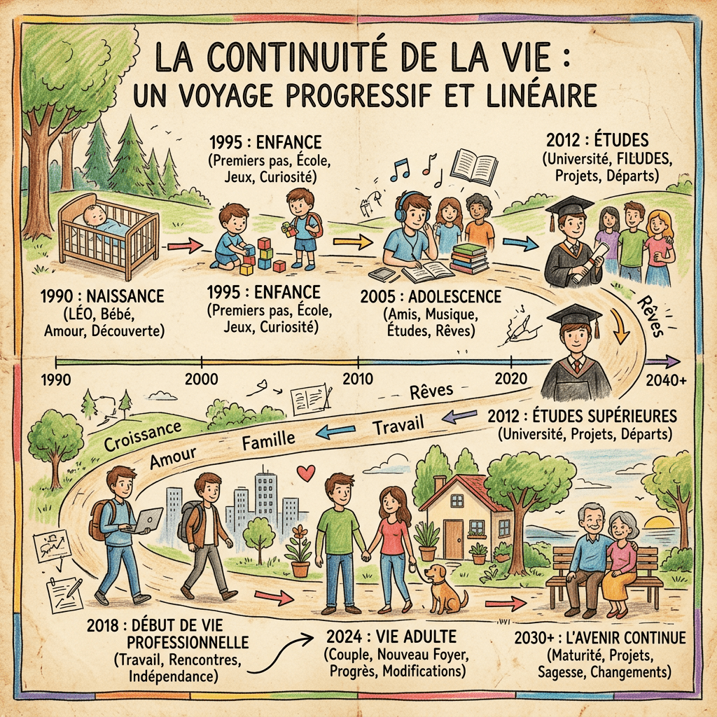 Frise « La continuité de la vie : un voyage progressif et linéaire », de 1990 naissance à 2030+ avenir, avec enfance, adolescence, études, vie professionnelle, couple et vieillesse.
