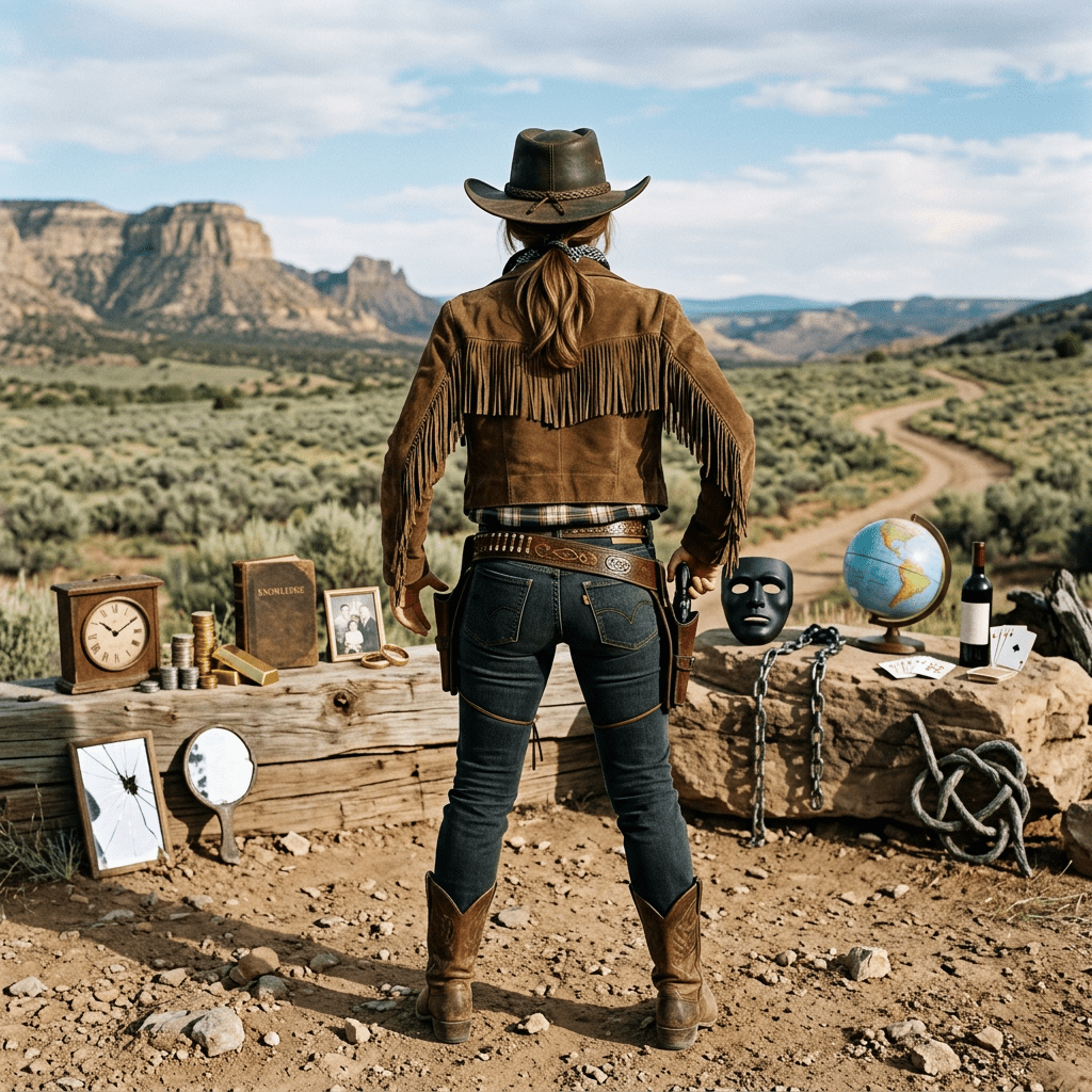 Cowboy-clad person facing desert mountains beside symbolic objects on a wooden ledge